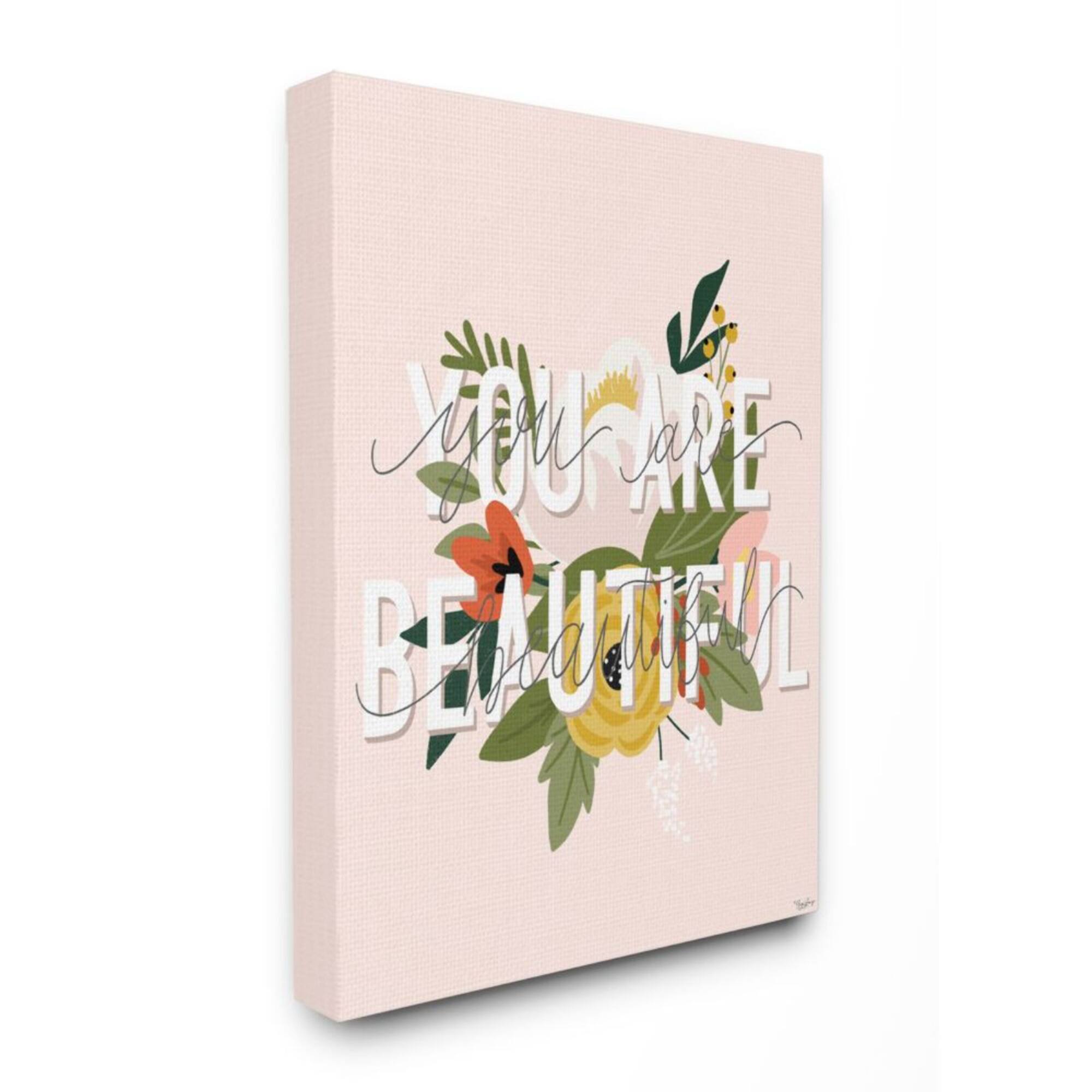 Stupell Industries You Are Beautiful Pink Flower Inspirational Word Design Canvas Wall Art